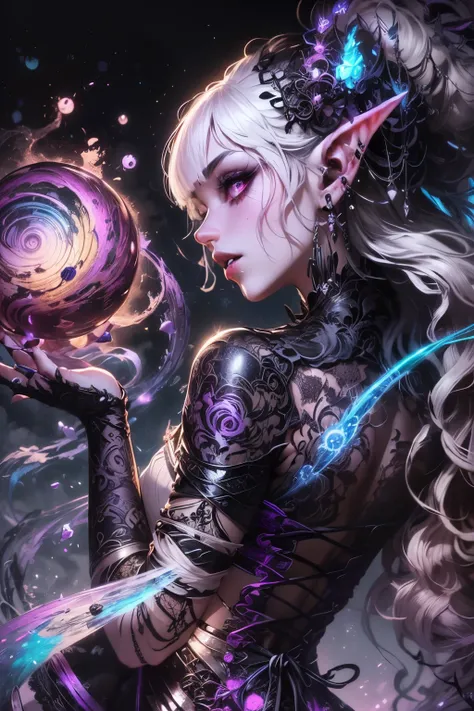 (Ultra-detailed face, Looking Away, Gothic Illustration, Dark Tone Colors. One thumb and four fingers.) , BREAK 
(A female dark elf mystic stands at an angle, twisting her body in a large motion, holding an orb with a rippling rainbow trapped inside it in ...
