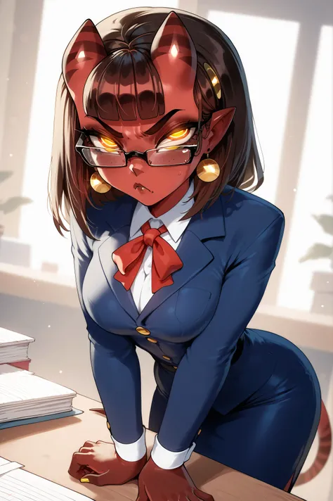 Meruccubus from "Merunyaa" oficial artist, red skin, succubus, yellow eyes, BROWN HAIR
FULL BODY, ultra detailed, absolutely high resolution, masterpiece;
(secretary outfit, slightly angry face, glasses, tight clothes marking her waist and breasts, tied ha...