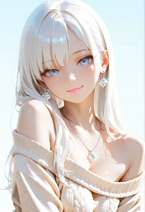 masterpiece,best quality,ultra high res,photorealistic,8K UHD,hyper-detailed,depth of field,solo,1girl,looking at viewer,white hair,long hair,blue pastel background,simple background,light sky blue eyes,soft gaze,soft smile,slight smirk,closed lips,pink li...
