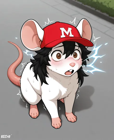 mouse, male, solo, feral, red baseball cap with a "M" white logo, torn red shirt, long hair, black hair color, brown eyes, embarrassed, surpriced, blushed ,NSFW, ecchi, naked, confused, shaking, shocked, cute, hiper realistic art style, full body, in a pa...