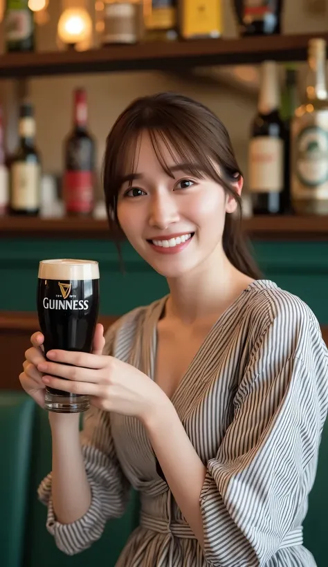 beautiful Japanese woman wearing a shirt dress is holding beer in her hand at Irish pub, GUINNESS, perfect proportions, cleavage, medium breasts, striped dress, medium hair, delicate hair, dark brown hair, slim figure, ultra high definition, 24 years old, ...