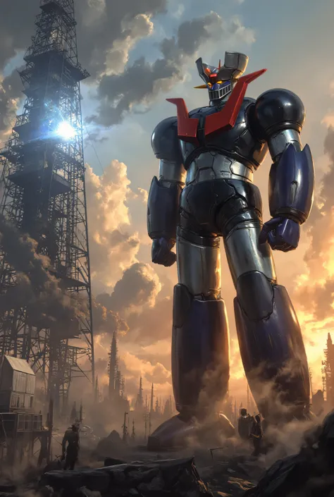 Mazinger Z modified , Mazinger Z is 100 meters tall. built with modern materials such as steel , carbon fiber , Other industrial elements are also seen , Just like the real one , I'm standing in front of a high-rise tower where a high-voltage ...