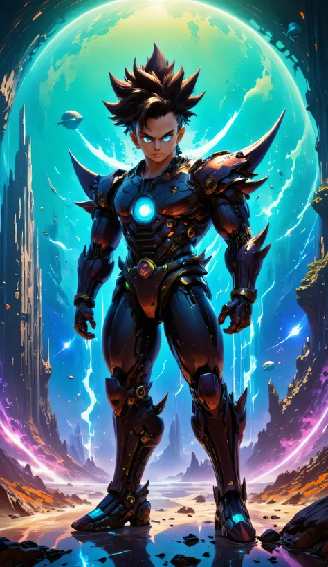 Imagem vertical 9:16 in the 3D futuristic anime style, perfeita para thumbnail de YouTube Shorts.
main character: goku (full body character), reimagined by artificial intelligence.
Does he have spiky hair, with neon effect in bright blue and green, eyes ...