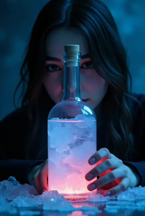 masterpiece、The dark indigo glass bottle、contains ice, liquid, and red LEDs and emits light、Beautiful woman peeking in from behind