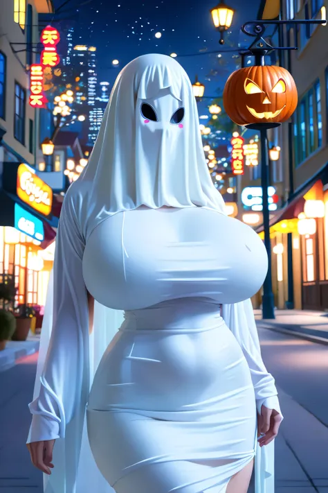 Score_9, Score_8_superior, Score_7_superior, Score_6_superior、 is standing、(midnight、night)、(nature、city streets、Late Night、Midnight、dark street 、Outdoor)、Street lamp、 Halloween 、(sagging breast:2.0、Busty:2.0、 supermilk、giga :1.5)、Ghost Pose、Wearing a whit...