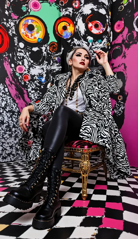 In an environment like a checkerboard: A surreal work that represents a sinister, Nordic Marilyn Manson, a seated fashion model.  The beautiful punk metal woman wears black leather clothing and spikes with platform boots that combine intricate details with...