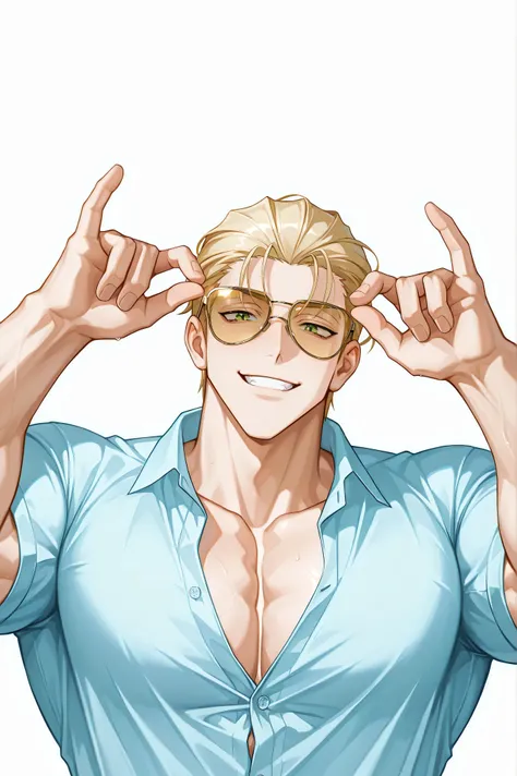 One male , handsome , heavily muscular , bulky body , broad chest , thick arms , short hair , blonde hair , slicked-back hairstyle , keen eyes , green eyes , dark circles under the eyes , playful smile , playful face , light blue dress shirt , light golde...