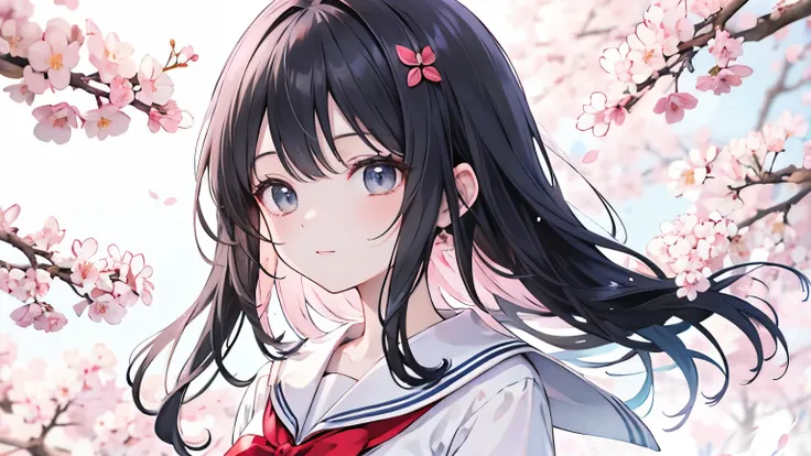 Beauty in a Sailor Suit Black Hair Half Up upper body cherry blossoms