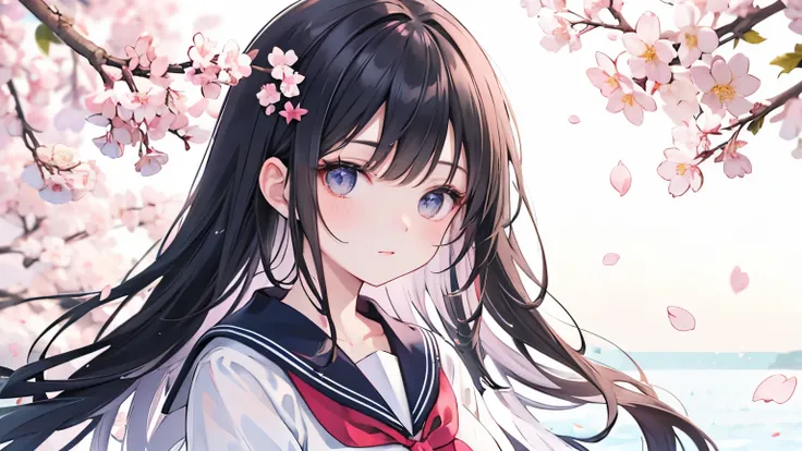 Beauty in a Sailor Suit Black Hair Half Up upper body cherry blossoms