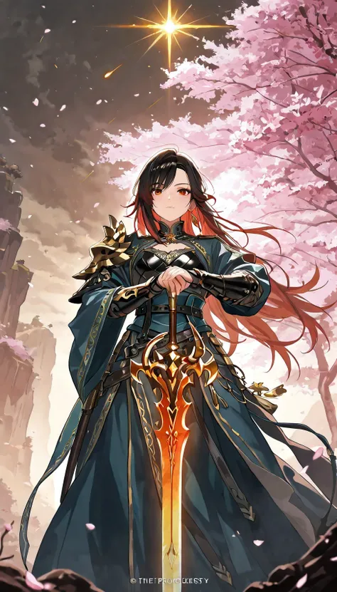 masterpiece, best quality, highres, rare equipment, legendary Hua Mountain Sword forged from a falling meteor, elegant blade shimmering in a gradient of stormy grey and electric blue, the sharpened edge glowing bright blue, hilt and guard intricately carve...