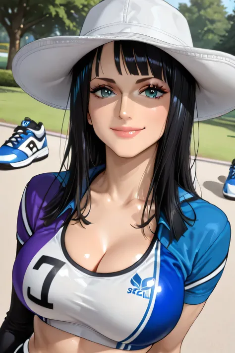completed_120%,completed_130%,completed_150%,1femel,solo,solo focus, The ultimate beautiful sports bra,Women's Tapered Pants , ((Wide-brimmed hat, women's)), large breasts, thick thighs, slim west,
smile, outdoors, park, standing, portrait,
(best quality)...