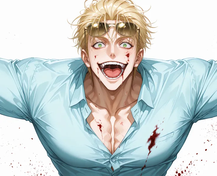 One male , handsome , heavily muscular , bulky body , broad chest , thick arms , short hair , blonde hair , slicked-back hairstyle , keen eyes , green eyes  , dark circles under the eyes , playful smile , playful face , light blue dress shirt , light golde...