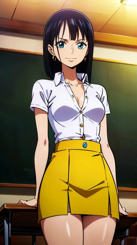 (masterpiece, best quality, high resolution, 8K:1.2), anime coloring, detailed, from one piece, one piece style, Nico Robin, (perfect eyes), (18 years old), (bangs:1.2), short hair, black hair, (((small breasts))), calm and collected, happy expression and ...