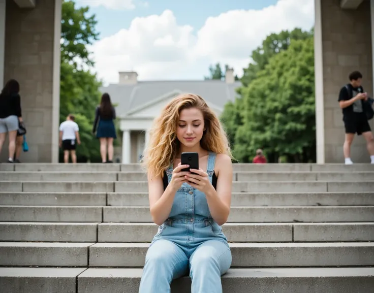 Cinematic daytime scene, frontal low-angle (contre-plongée) view of a young woman with long, voluminous peach-blonde curly hair, sitting casually on the stone steps of a classical university building. She wears light denim overalls over a black sleeveless ...