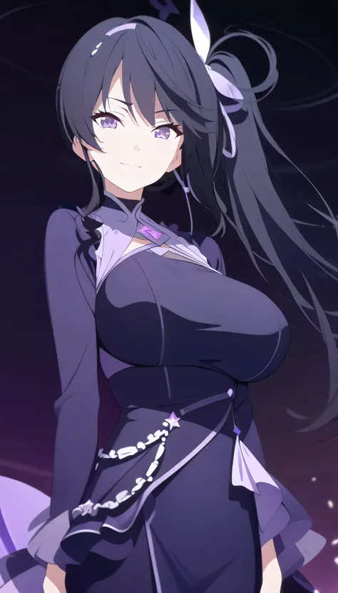 masterpiece, best quality, cg art, solo, 1girl, black hair, side ponytail hair, lavender eye, medium to big breast, lavender idol outfit, standing, looking at viewer, calm, confident, smiling, pitch black background only
