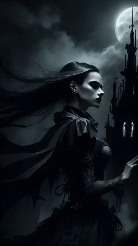 Book cover,  cinematic close up portrait of  beautiful gothic woman, stood before a gothic castle that looms and towers above, moonlight glistens through the towers, mist hovering over the ground, long white hair blowing in the wind, wearing red gothic cor...