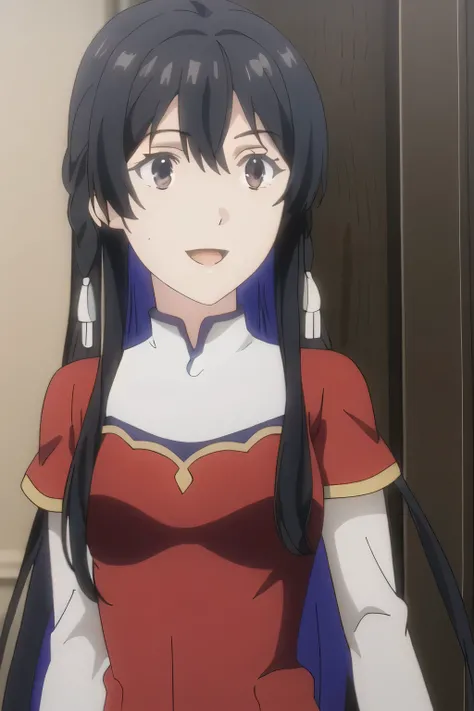 I need a face，Accurate representation of hands and legs，A woman with a lovely smile，can you draw a long red dress of a saint， beautiful smiling woman ，Big Breastsでもウエストが細い，{{X}},depicting her expression more delicately，walking alone，（She's casual，（That wor...
