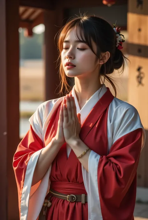 、 niece、(((Big Breasts)))、(The shrine maiden's red and white costume)、(((They're putting their hands together and praying desperately to the sky)))、(((has closed eyes)))、(((dusk)))、(((I'm raising my eyebrows)))