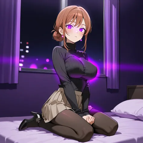 score_9, score_8_up, score_7_up, 1girl, solo, (top quality, 8k), high resolution, smooth, best quality, highly detailed, looking at viewer, bedroom at night, window with purple light, (dark room), large breasts, covered breasts, glowing hypnotic waves in t...