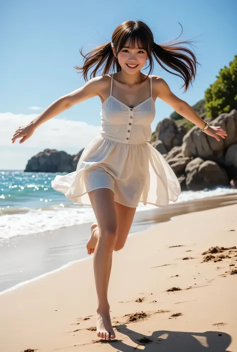 cute woman on the beach、Jump 、Bounce、be happy、smile