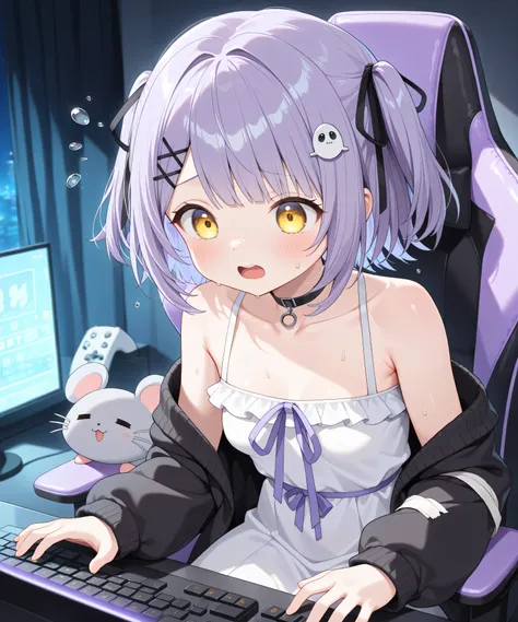 (best quality,amazing quality,very aesthetic,absurdres,newest,4k,8k), shinomiya runa, 1girl, solo, virtual youtuber, purple hair, two side up, short hair, yellow eyes, glowing eyes, hair ribbon, black ribbon,hair ornament, hairclip, black choker, white dre...