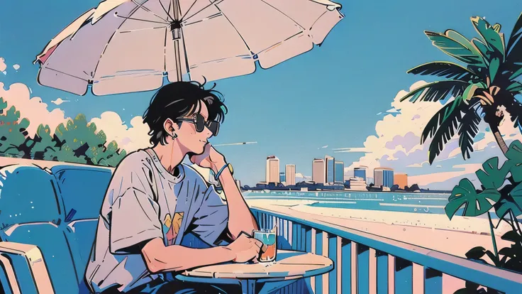 "An anime-style illustration inspired by 1980s city pop aesthetics. A young man with short, slightly messy hair and a relaxed, confident expression sits at an outdoor café terrace on a bright summer day. He wears a casual retro outfit—such as a loose short...