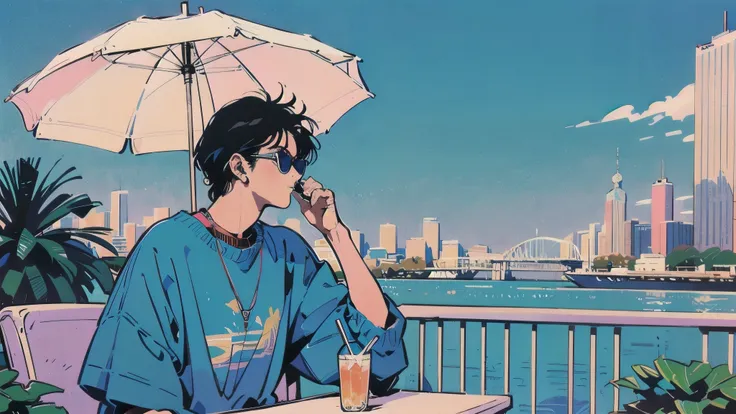 "An anime-style illustration inspired by 1980s city pop aesthetics. A young man with short, slightly messy hair and a relaxed, confident expression sits at an outdoor café terrace on a bright summer day. He wears a casual retro outfit—such as a loose short...