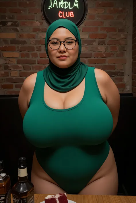 memakai kacamara rabun, Super very old lady "Wearing Hijab scarf perfectly",  wearing UNBUTTONED ribbon 🎀 Scoop Neck Sleeveless green milk Bodysuits singlet swimsuit , (KEDUA BELAH TANGAN DILETAK DIBELAKANG PUNGGUNG) PLEASE DON'T PUT ANYTHING ROPE!!!, 
   ...