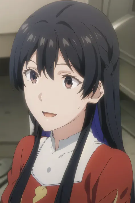 I need a face，Accurate representation of limbs， beautiful smiling woman ，a saint in a long red dress，  beautiful smiling woman  ，Big Breastsでもウエストが細い，{{X}},describe her expression more delicately，walking alone，（She's casual，（That work is enough for one per...