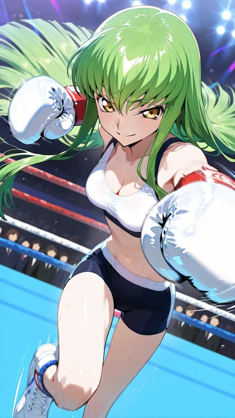 C.C., Code Geass, gold eyes,, solo, Detailed eyes, white sports bra, black boy leg spats, white boxing gloves, thigh, cleavage, slim long legs, medium breast, smirk, looking at viewer, Detailed eyes, Detailed face, medium shot, from side-above,
p4nch, pun...
