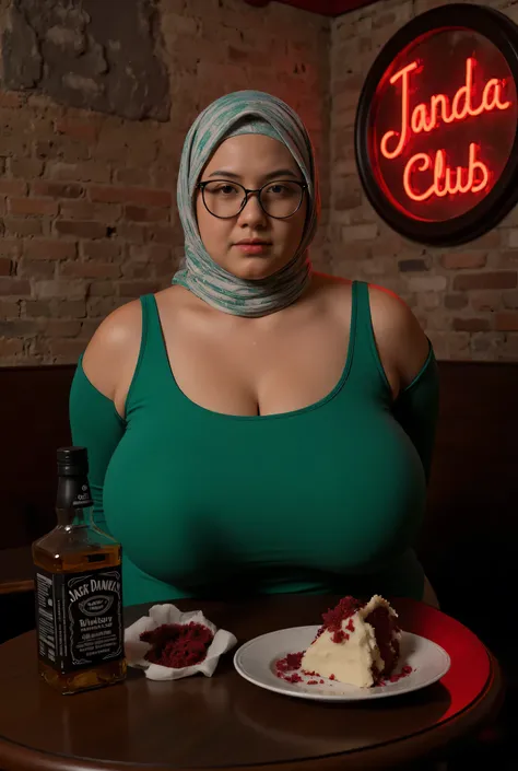 memakai kacamara rabun, Super very old lady "Wearing Hijab scarf perfectly",  wearing UNBUTTONED ribbon 🎀 Scoop Neck Sleeveless green milk Bodysuits singlet swimsuit , (KEDUA BELAH TANGAN DILETAK DIBELAKANG PUNGGUNG) PLEASE DON'T PUT ANYTHING ROPE!!!, 
   ...