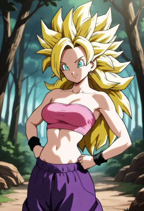 cauliflassj, 1girl, solo, aqua eyes, blonde hair, spiked hair, big hair, super saiyan, bare shoulders, midriff, pink top, crop top, strapless, tube top, bandeau, purple pants, baggy pants, puffy pants, black wristband, smile, closed mouth, cowboy shot, for...