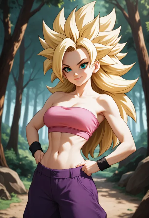 cauliflassj, 1girl, solo, aqua eyes, blonde hair, spiked hair, big hair, super saiyan, bare shoulders, midriff, pink top, crop top, strapless, tube top, bandeau, purple pants, baggy pants, puffy pants, black wristband, smile, closed mouth, cowboy shot, for...