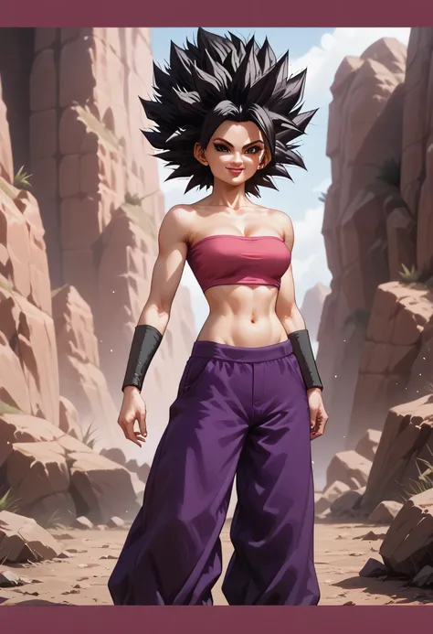 (caulifla), black hair, spiked hair, big hair, black thin eyebrows, brown eyes, black eyeliners, lips, closed smile, collarbone, cleavage, bra shoulders, (pink tube top), navel, midriff, standing, purple pants