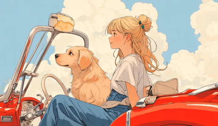 each ray is delicate touch,cartoon-like illustration style, blonde hair in a bun,Happy slender 20-year-old woman,Smiling with the corners of your mouth turned up,When you laugh, your eyes are the crescent moon,She's wearing an oversized t-shirt, High Waist...