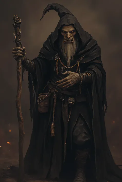 (an elderly woman witch with a gnarled and wrinkled face, prominent hooked nose, hunched posture, wearing a long black tattered cloak and a tall pointy hat), anthr0dnd, Gul'dan, dark fantasy character, character concept art, minimalist design, 8K, photorea...