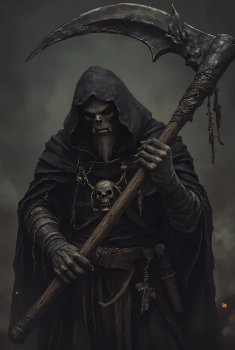 (grim reaper holding a large scythe, detailed portrait of a hooded figure, sinister expression, skeletal features, bony hands, tattered cloak), anthr0dnd, Gul'dan, dark fantasy character, character concept art, minimalist design, 8K, photorealistic, master...