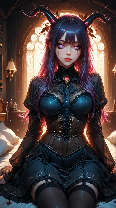 Morgana, a sorceress with flowing purple hair and glowing violet eyes, lies on her side atop a dark, luxurious bed in a shadowy room lit only by soft, ghostly RGB lights—faint blues, purples, and reds illuminating the scene like a supernatural aura. She we...