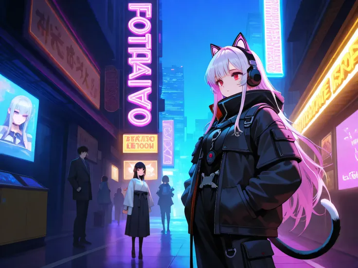Two main anthropomorphic cat characters standing confidently in front of a massive indie game event venue. One is a black cat in a techwear outfit with headphones (Japanese developer), the other is a white cat in a modern hanbok holding a game controller (...