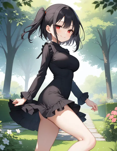 score_9, landscape, garden, BREAK, solo, 1 small skinny girl walking, skinny petite girl, arched back, arms behind back, (bouncing huge breasts), smile for viewer, half-closed eyes, (jitome), tiptoe, BREAK, black hair, (very long two side up:1.1), red eyes...