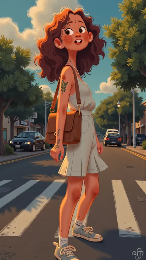 Panoramic aerial view front view+hand shake,creates a real sense of thrill;The heroine turned her back to the camera,A man crosses the street wearing a brown bag,long brown hair,wearing a white dress,white socks and colored sneakers;On a cloudy street corn...