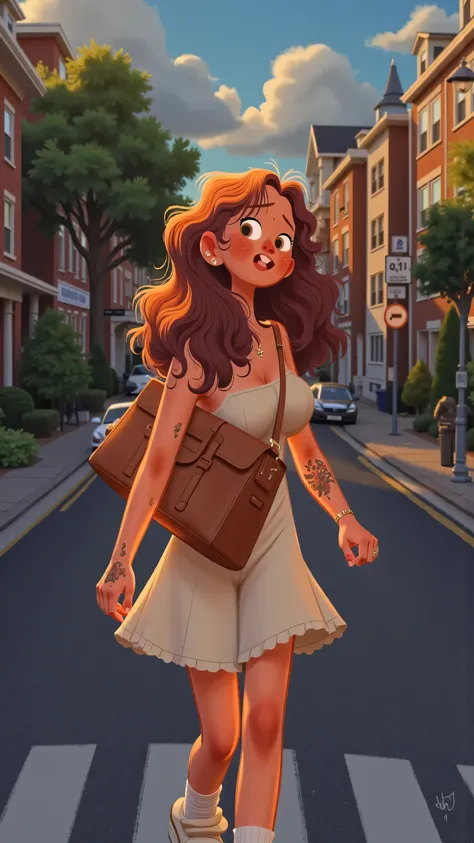 Panoramic aerial view front view+hand shake,creates a real sense of thrill;The heroine turned her back to the camera,A man crosses the street wearing a brown bag,long brown hair,wearing a white dress,white socks and colored sneakers;On a cloudy street corn...