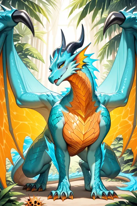 (uploaded on e621),  extremely talented digital art of solo female (((teal feral  dragon))), [natural lighting], ((masterpiece)), claws, toe claws,  ((digitigrade)), looking at viewer, (((detailed background))), detailed scales, (((detailed sharp snout, de...