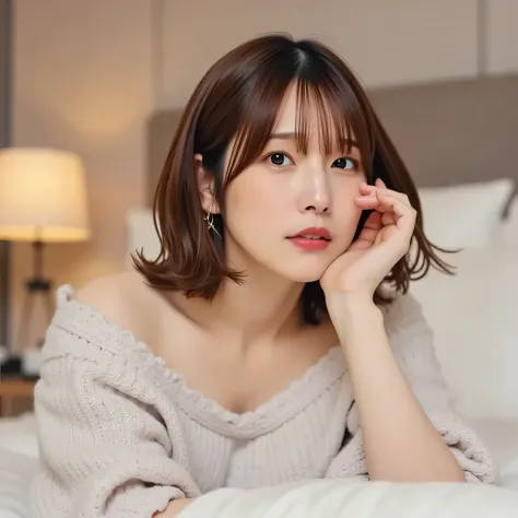 viewers, (Lola:Uchida Mari ) (8K)()(1 person,solo)(1 personの写真)(pink lipstick)()()()(Off Shoulder Sweater 1 :2)()(hotel)(Big Beautiful Breasts 1:2)(Lie face down on the bed)
