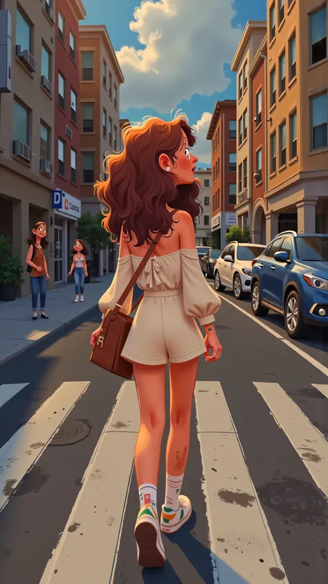 Panoramic aerial view front view+hand shake,creates a real sense of thrill;The heroine turned her back to the camera,A man crosses the street wearing a brown bag,long brown hair,wearing a white dress,white socks and colored sneakers;On a cloudy street corn...