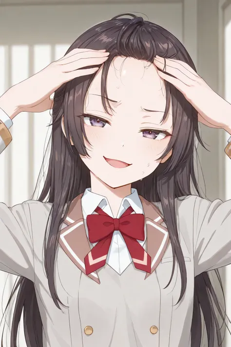 yuki suou, view from front, head tilt, small breast, school uniform, looking at viewer, smug, open mouth, attractive look, both hands on hair, showing forehead, looking confident, sweat