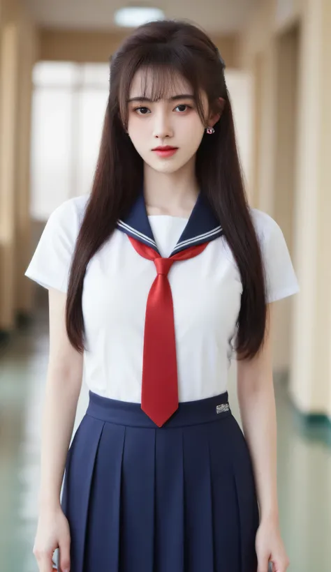 1girl, long black hair and bangs, large breast, slim waist, standing on a school hallway, wearing Japanese sailor school uniform with white base, navy list, and red tie. Uniform covered the belly, short sleeve
mid-shot, centered framing, eye-level angle,...