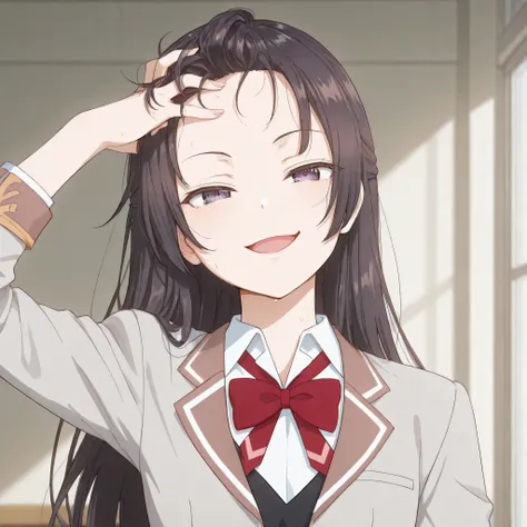 yuki suou, view from front, head tilt, small breast, school uniform, looking at viewer, smug, open mouth, attractive look, hand on hair, showing forehead, looking confident, sweat