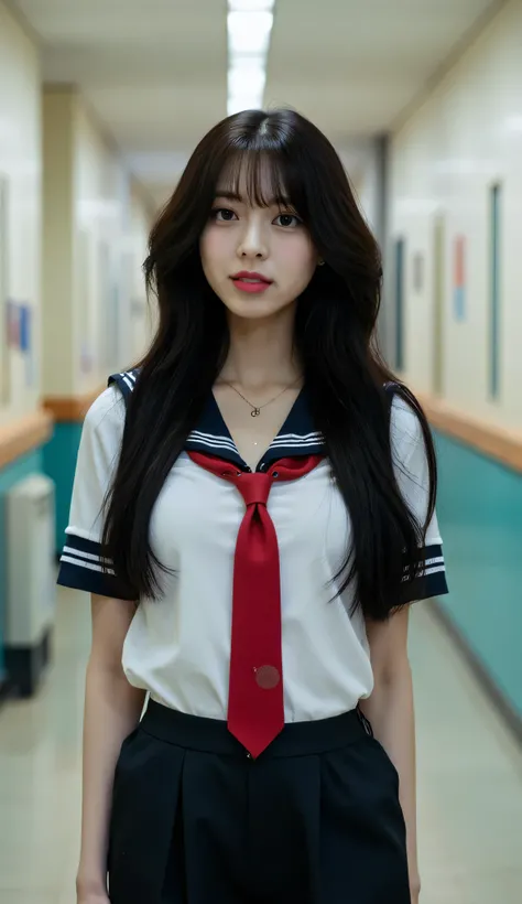 1girl, long black hair and bangs, large breast, slim waist, standing on a school hallway, wearing Japanese sailor school uniform with white base, navy list, and red tie. Uniform covered the belly,
mid-shot, centered framing, eye-level angle,
RAW candid...