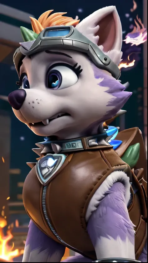 Everest, ((Paw Patrol)), ((female solo)), domestic dog, female, adult female, blue eyes, (lavender fur:1.65), ((lavender body)), ((sharp teeths)), ((large fangs)), blue eyes, (Shiny eyes:1.6), ((Pixar eyes)), perfect eyes, ((glowing eyes)), (hyper realisti...